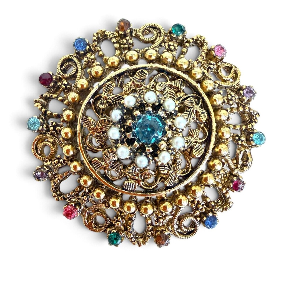 Vintage 1960s Multi Color Rhinestone Faux Pearl Filigree Mandala Brooch Pin Gold